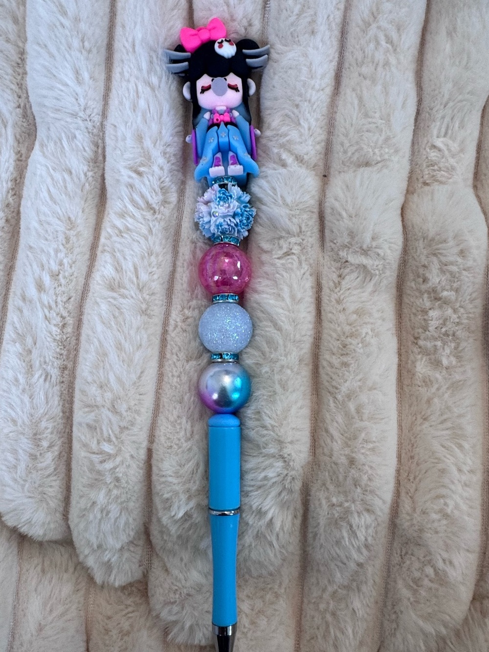 Cute Blue Character Ballpoint Pen for writing with Decorative Beads!